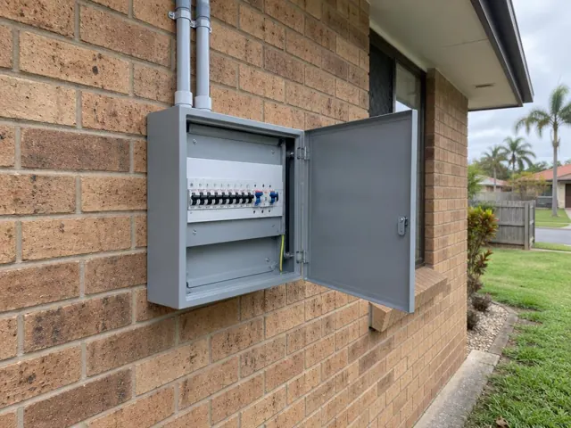 Open outdoor switchboard on a brick house wall with conduit above in Mermaid Waters